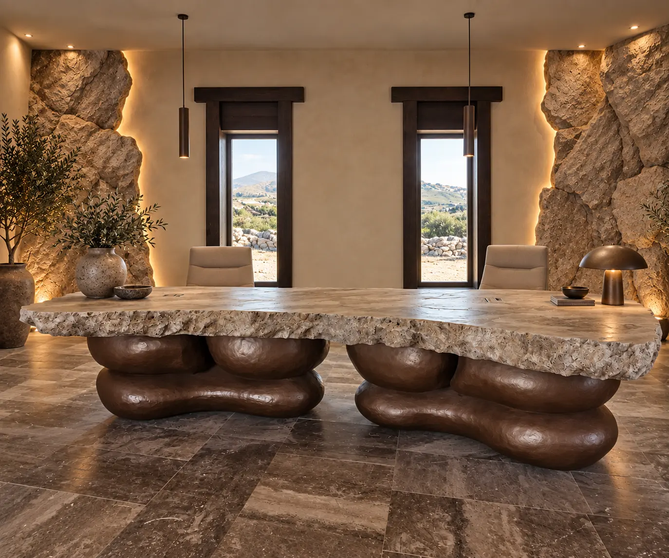 The finished sculptural reception desk at Oroséa, a rough-edged stone slab resting on rounded bronze legs, framed by lit rock walls and two windows onto the Paros hills