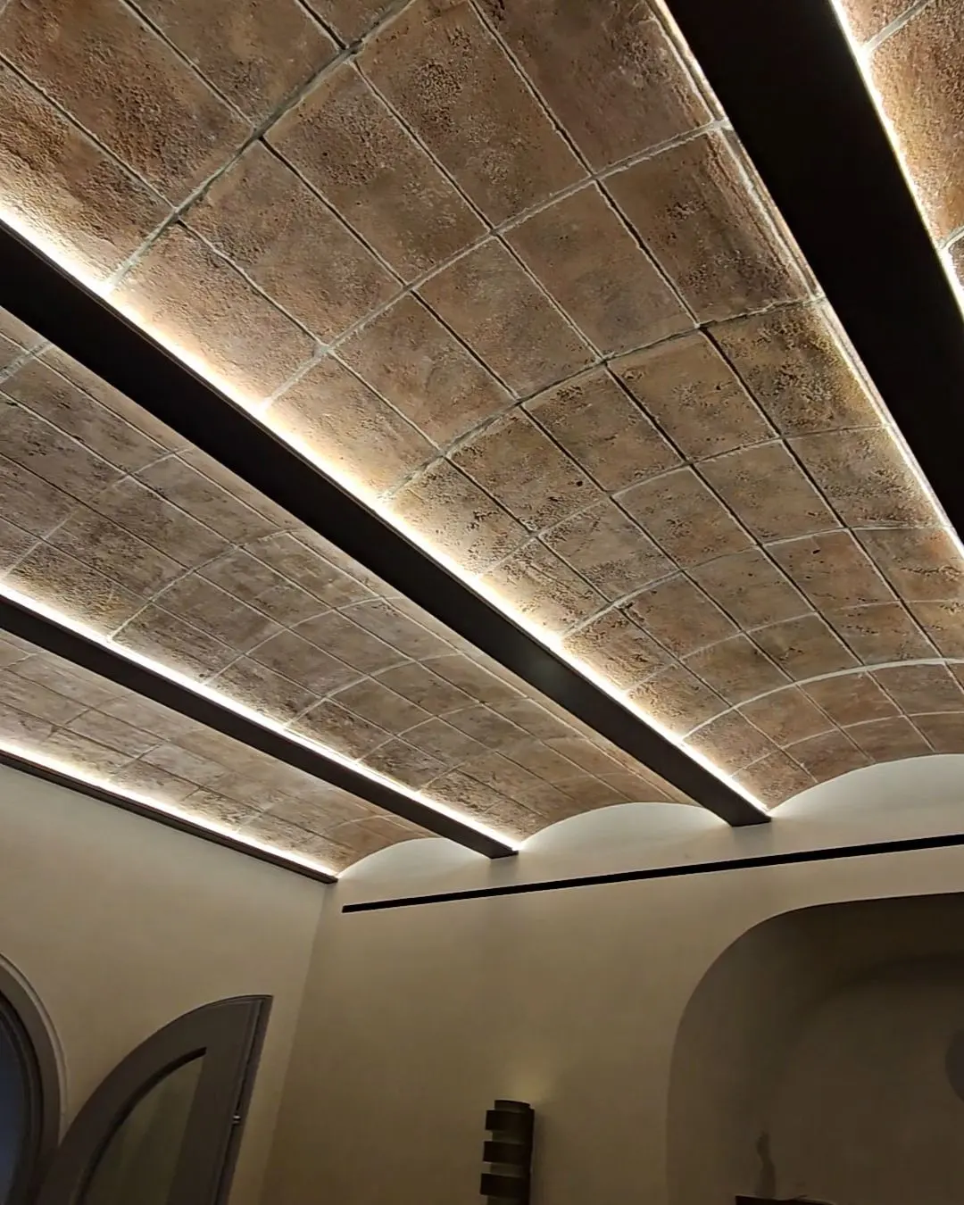 The finished vaulted ceiling with light running along its concealed channels