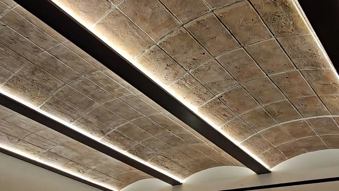 The vaulted lobby ceiling at Senia, sculpted in stone and lit from concealed channels