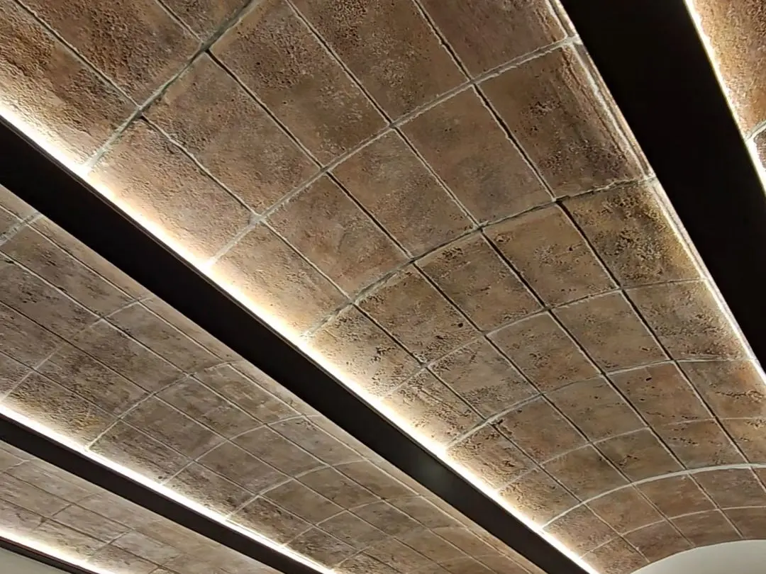 A vaulted ceiling with integrated lighting grazing across the sculpted surface